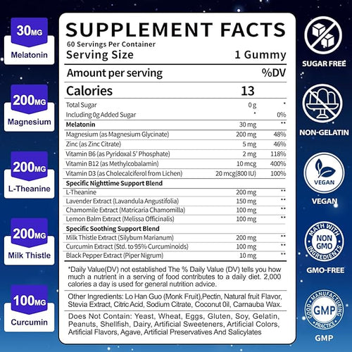 Adults Melatonin Gummies 30mg: Extra Strength Sugar Free Melatonin Gummies with Magnesium L-Theanine Chamomile Lavender Vitamin B12 B6 D3 - Nighttime Deep Zzz Aid Immune Support(120Count)