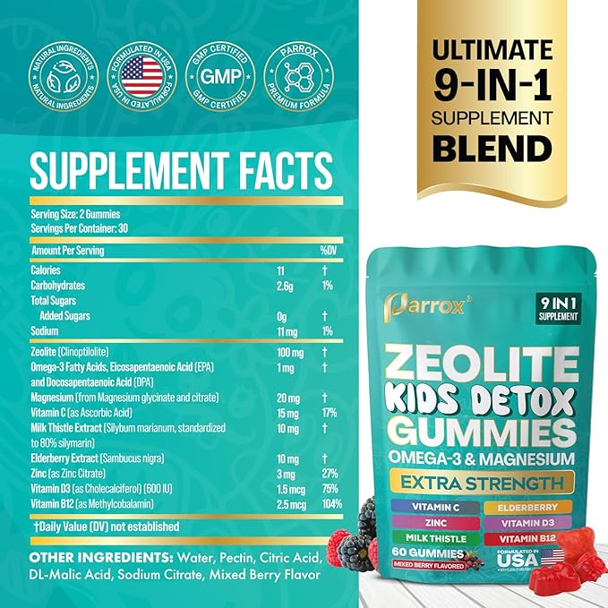 Zeolite Kids Gummies 9-in-1 with Zeolite Omega-3 Magnesium Elderberry Vitamin C Milk Thistle Vitamin D3 Zinc B12 – Sugar-Free (60 Gummies – Mixed Berry Flavor)