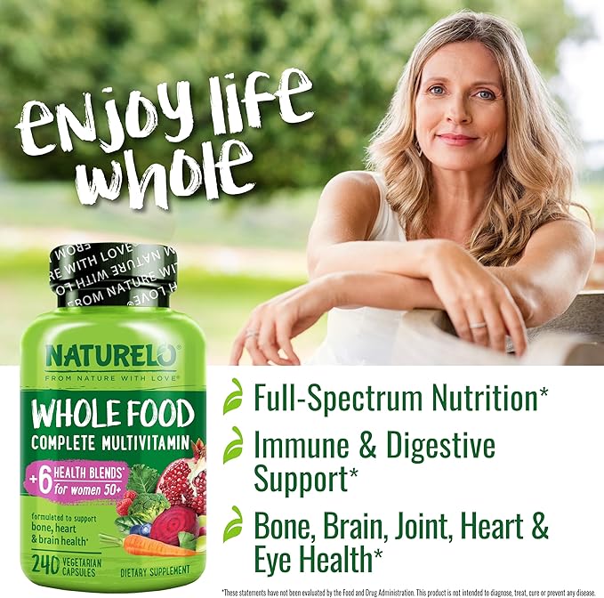NATURELO Whole Food Multivitamin for Women 50+ (Iron Free) with Vitamins Minerals &amp Organic Extracts - Supplement for Post Menopausal Women Over 50 - No GMO - 240 Vegan Capsules