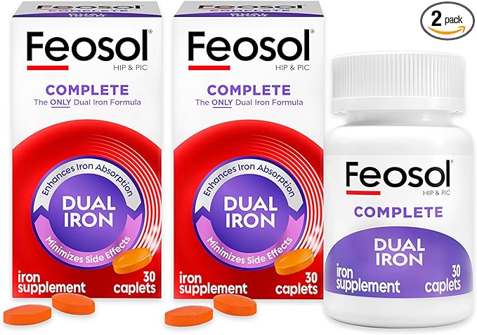 Feosol Complete Iron Supplement Caplets Bifera Iron for High Absorption Heme and Non-Heme Dual Action Minimizes Side Effects 1 Per Day Energy and Immune System Support Pack of 2 Total 60 Count