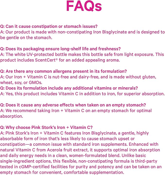 Pink Stork Iron for Women – 18 mg Non-Constipating Iron Bisglycinate + Vitamin C for Optimal Absorption – Energy Focus &amp Oxygen Supply – PMS Pregnancy Postpartum &amp Perimenopause - 60 Capsu