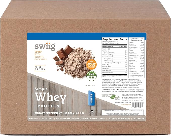 swiig Simple Whey Blend - No Sugar Added Chocolate No Fillers No Artificial Flavors Colors or Sweeteners No RBGH (Hormones) No Gluten 10 Pound (Bag in a Box)