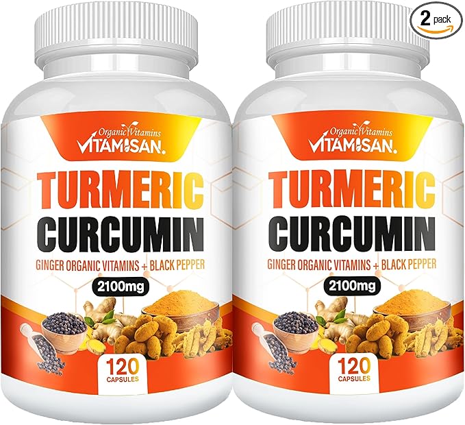 VITAMISAN Turmeric Curcumin 2100mg with Ginger &amp Black Pepper – 2 Pack (120 Capsules Each) – Herbal Supplement for General Wellness – Non-GMO – Made in USA