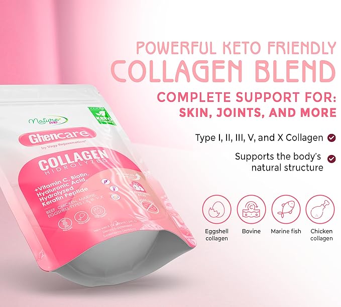 Vagy Rejuvenation Ghencare Hydrolyzed Collagen Powder – Multi-Source Collagen with Vitamin C Biotin &amp Hyaluronic Acid – Types I II III V &amp X – for Skin Hair Nails &amp Overall Wellness