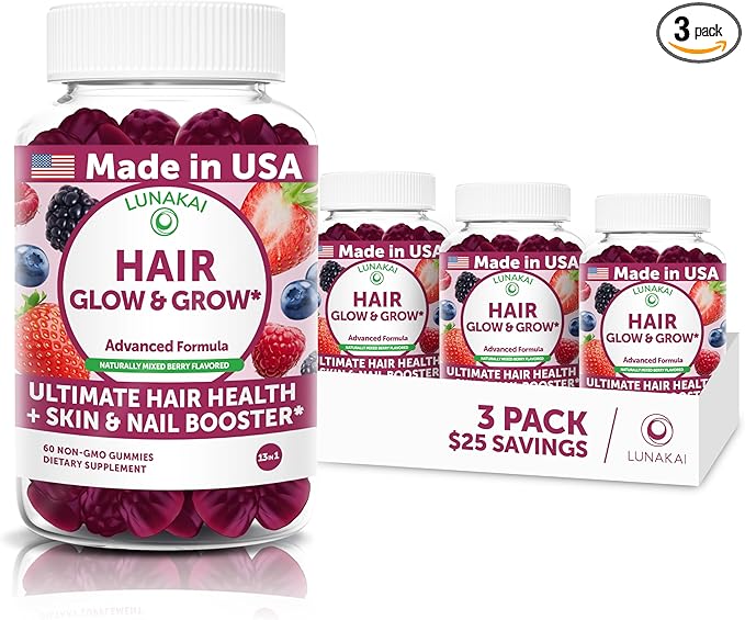 Lunakai USA Made Super Hair Gummies with Biotin Zinc Horsetail Extract &amp Saw Palmetto - Hair Growth Vitamins for Women &amp Men – Supports Thicker Longer Stronger Tresses Skin &amp Nails -