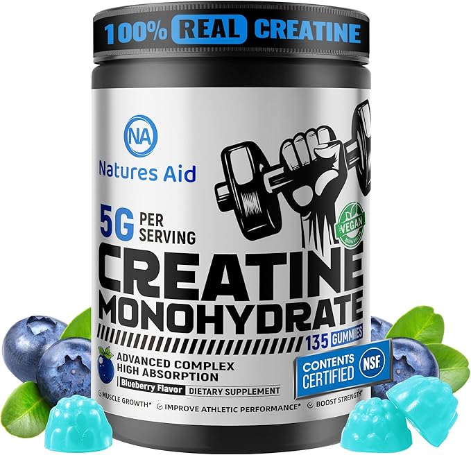 Natures Aid Creatine Monohydrate Gummies (5g) – Pre-Workout Energy &amp Muscle Growth Support for Men &amp Women | Blueberry Electrolyte Gummies (135 Count)