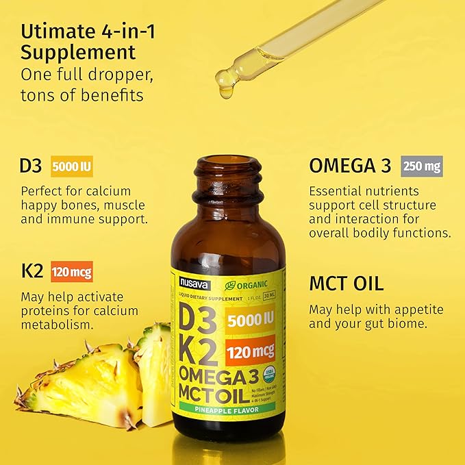 (2 Pack) Organic Vitamin D3 K2 Drops with MCT Oil Omega 3 Maximum Strength Vitamin D Liquid 5000 IU No Fillers Non-GMO Liquid D3 for Faster Absorption and Immune Support (Pineapple 2 Fl Oz)