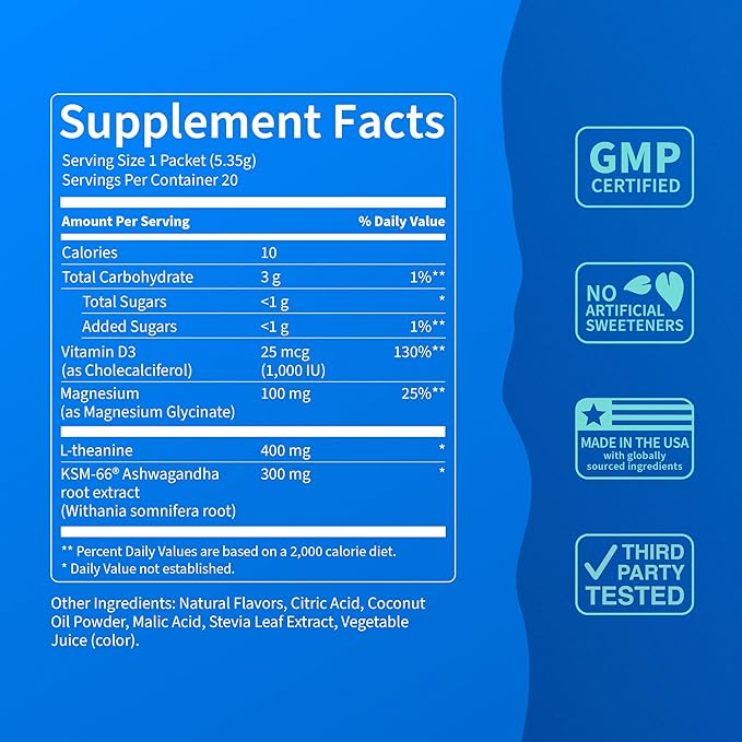 Nello Supercalm Powdered Drink Mix Cortisol Reducer* Sleep Aid Supplement L Theanine Ksm-66 Ashwagandha Magnesium Glycinate Vitamin D 3 No Sugar Non GMO 20 Ct Strawberries &amp Cream