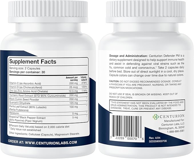 Centurion Defender PM 9-in-1 Natural Sleep + Immune Supplement for Recovery Immunity and Rest Support with Melatonin Quercetin Zinc Black Cumin Seed Perilla Leaf Extract and Vitamin C 60 Caps