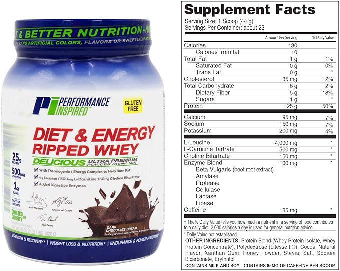 Performance Inspired Nutrition Diet &amp Energy Ripped Whey Protein – 25G Protein – 4G Leucine – L-Carnitine – Green Tea Extract – Dark Chocolate Dream – 2.3lb