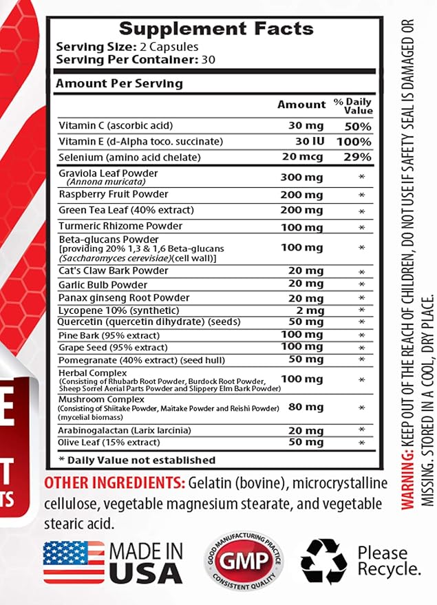 Immune System Vitamins - Immune Support Complex 1550 Mg with Raspberry Green Tea Turmeric GRAVIOLA Grape Pine BARK - Turmeric Pills - 2 Bottles 120 Capsules