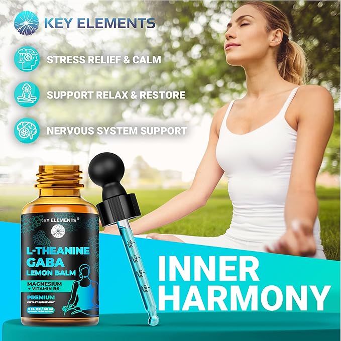KEY ELEMENTS Liquid GABA with L Theanine Supplement | GABA 500mg and L-Theanine 200mg with Lemon Balm Extract and Magnesium with Vitamin B6