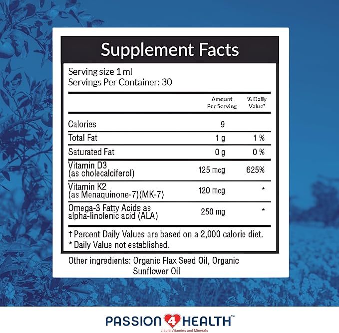 Passion 4 Health Organic Liquid Vitamin D3 K2 (Mk-7) + Omega 3 Supplement - Liquid Vitamin D Drops (5000IU) - Support for Healthy Bones and Muscles