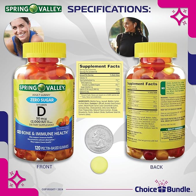 Choice Bundle Spring Valley Zero Sugar Vitamin D 50 mcg Gummies Supports Bone &amp Immune Health 120 Ct 2 pk (240 Total) + Vitamin Guide and Pill Container (4 Items)!