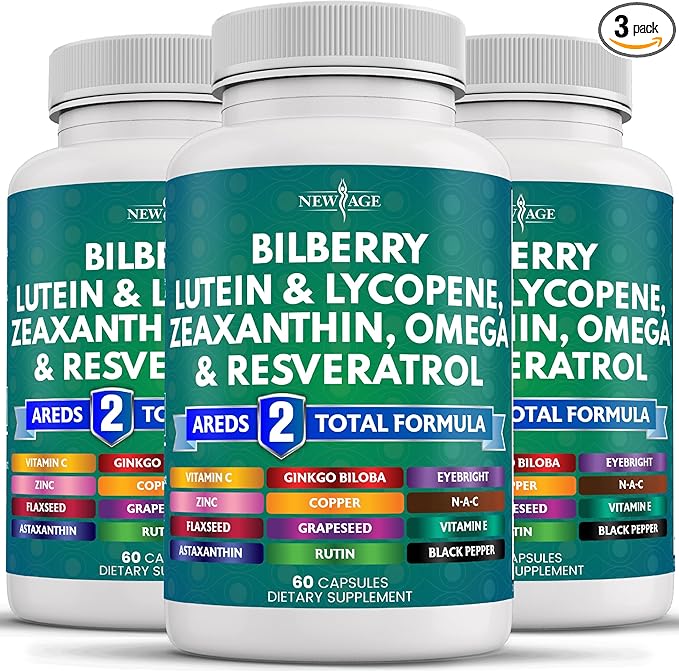 NEW AGE Eye Health Vitamins with Bilberry Lutein &amp Zeaxanthin Lycopene Resveratrol Grape Seed Extract Astaxanthin - Eye Vitamin - 180 Count