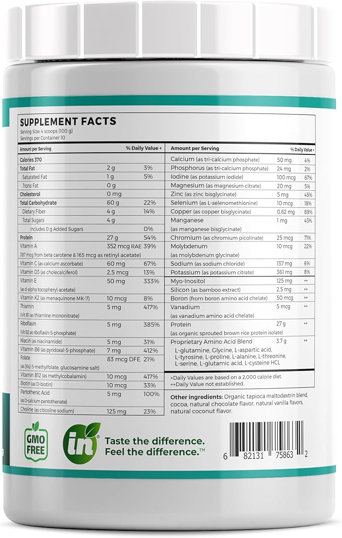 Vegan Isolate Protein - Gut Health Nutritional Support Natural Ingredients Non-GMO Gluten-Free Organic Sprouted Rice Protein (2.2 lbs Unsweetened Coco-Choc)
