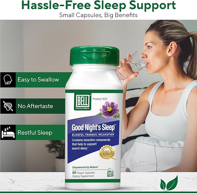Bell Lifestyle Good Night's Sleep - Natural Sleep Support with Melatonin and Herbal Extracts Supports Relaxation &amp Sleep Patterns 60 Veggie Capsules
