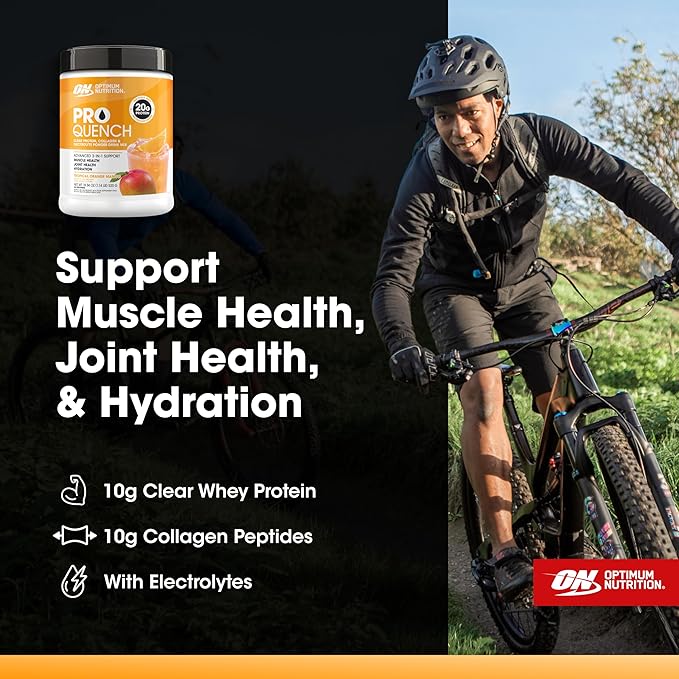 Optimum Nutrition Pro Quench 10g Clear Protein 10g Collagen peptides &amp Electrolyte Powder Drink Mix Tropical Orange Mango 20 Servings 520 Grams (Packaging May Vary)