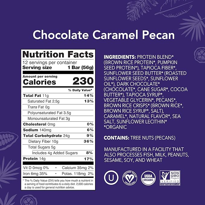 ALOHA Organic Plant Based Protein Bars | Chocolate Caramel Pecan | 12 Count 1.98oz Bars | Vegan Low Sugar Gluten Free Paleo Friendly Low Carb Non-GMO Stevia Free Soy Free No Sugar Alcohol Swe
