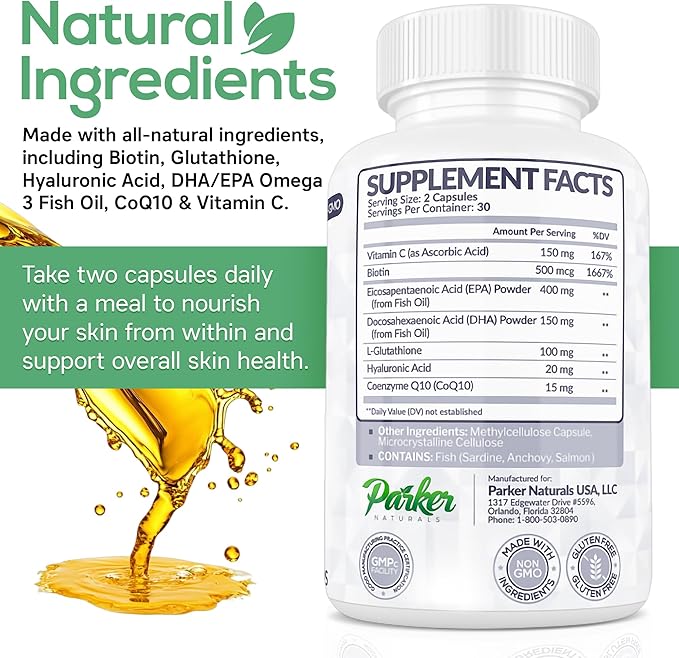 Parker Naturals Glowing Skin Supplement - Biotin Glutathione Hyaluronic Acid DHA/EPA Omega 3 Fish Oil CoQ10 Vitamin C All Natural Skin Care Supplement 60 Caps