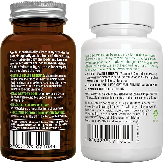 Daily Vitamin D3 + Super B12-Complex Vegetarian Bundle 365 2000iu Vitamin D3 Tablets + High Absorption Sublingual B12 by Igennus