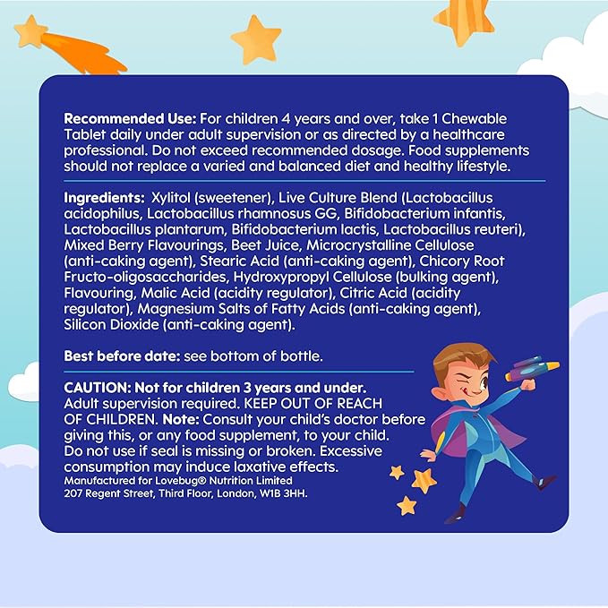 LOVEBUG Probiotics for Kids – Probiotic Chewables with Prebiotic Fiber for Age 4+Daily Children's Gut Health &amp Digestive Support Supplement Sugar-Free Berry Flavor 30 Count