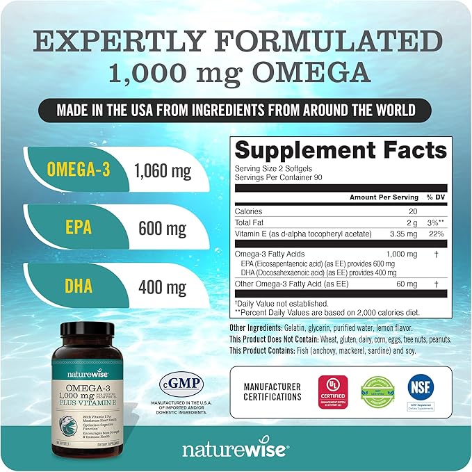 NatureWise 1000mg Omega 3 600mg EPA 400mg DHA with Vitamin E 180ct &amp Vitamin B Complex for Cellular Energy 60 Softgels[2-Month]