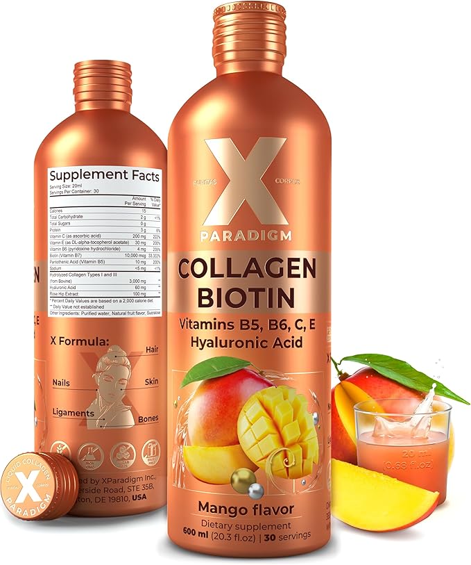 Liquid Collagen Peptides with Biotin &amp Hyaluronic Acid - Biotin 10000mcg Hydrolyzed Collagen Type 1 and 3 Vitamins B5 B6 C &amp E - Liquid Collagen for Women and Men Hair Skin and Nails Supp