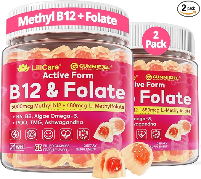 Methyl B12 5000mcg &amp L-Methylfolate Gummies + P5P for Women Men - Active 5-MTHF &amp Methylted B Complex Adult Supplement + B2 B6 Omega 3 CholineTMG for Cellular Energy Cognition MTHFR Gene