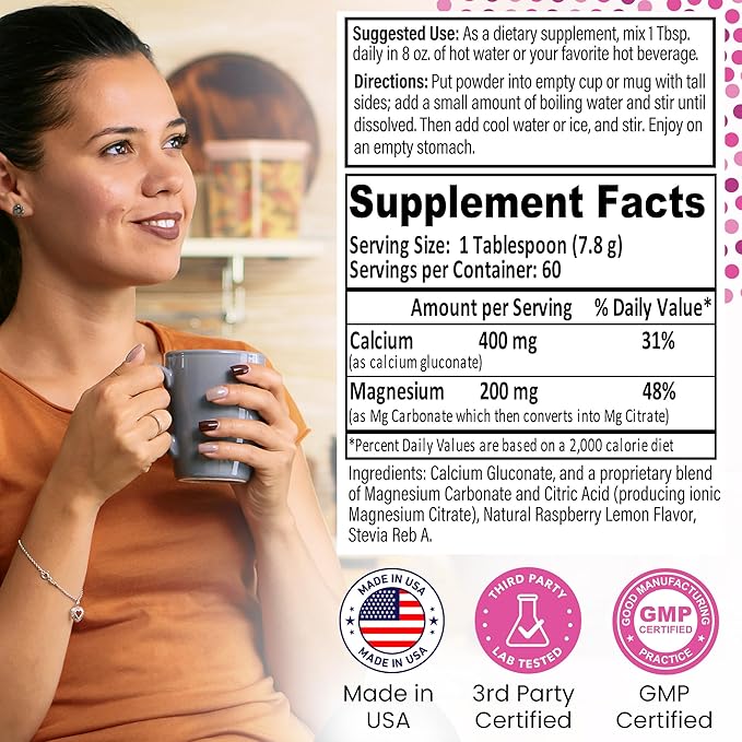CalMag 2:1 High Absorption Calcium Magnesium Citrate Powder Supplement for Stress Relief and Sleep Calcium Supplement for Bone Health Lemon Raspberry Flavor 16.5oz (Pack of 1)