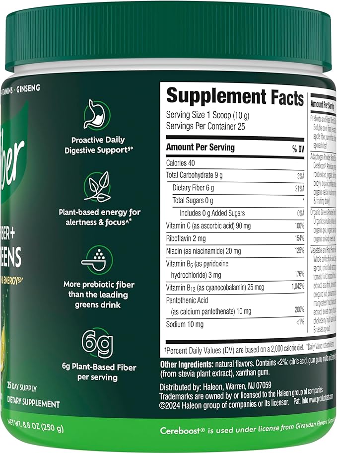Benefiber Prebiotic Fiber + Supergreens Dietary Supplement Powder Watermelon Lemonade Flavor 8.8 oz (250g)