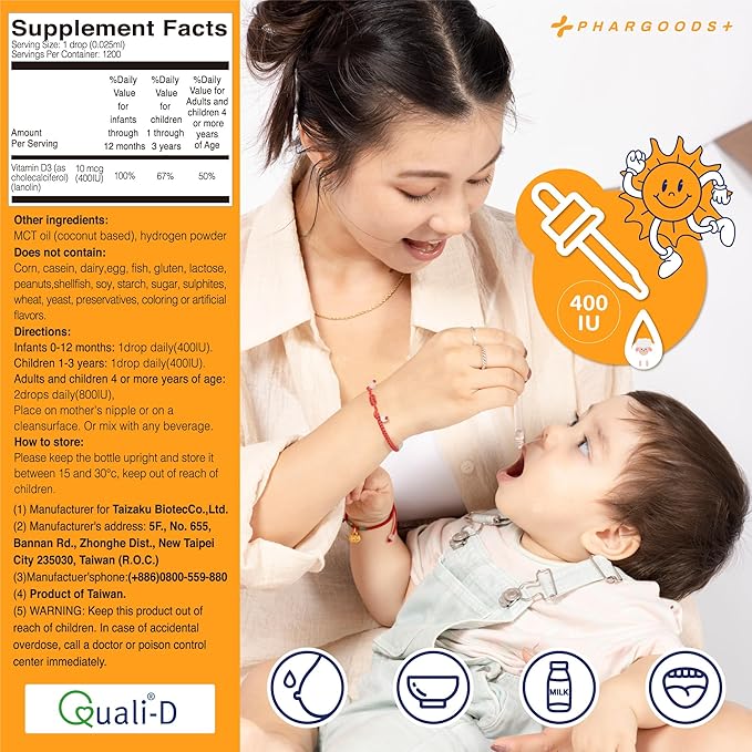 Baby Vitamin D3 Drops-400IU per Drop-1200 Servings-Safe for Newborns&ampKids-Supports Immune&ampBone Health-30ml