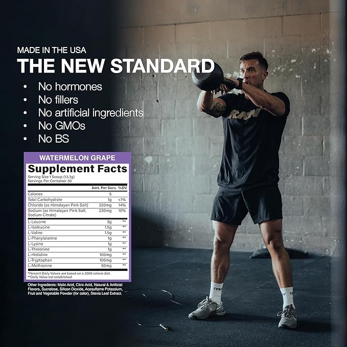 RAW EAA Plus Amino Acids Powder Watermelon Grape (30 Servings) - Pre Workout Amino Energy Powder for Advanced Endurance Recovery &amp Lean Muscle Growth - BCAA Amino Acids Supplement for Men &amp