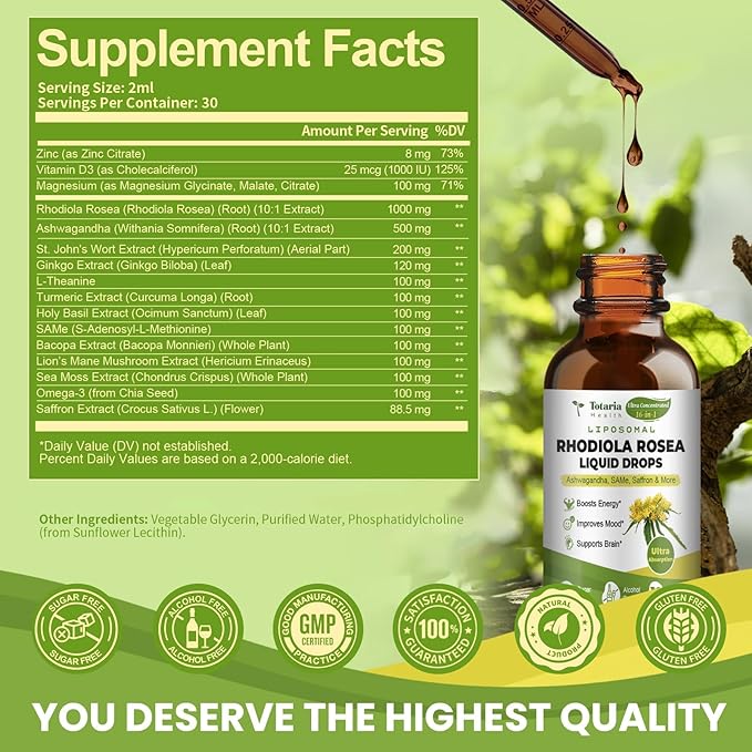 Liposomal Rhodiola Rosea Tincture Ultra Strength Rhodiola Supplement with Ashwagandha Saffron Magnesium SAM-e Rhodiola Rosea Extract Liquid Drops for Natural Relaxation Mood Energy Pack of 2