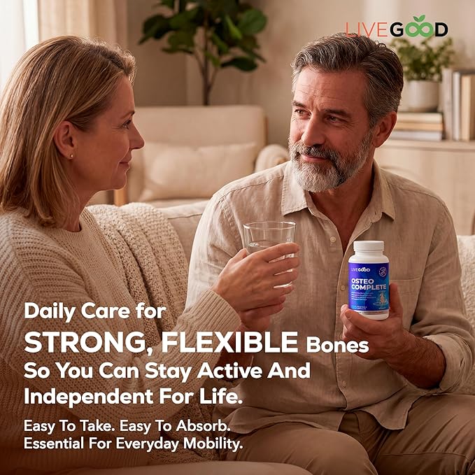 LiveGood Osteo Complete Bone and Joint Support with Highly Absorbable Calcium Glucosamine Eggshell Membrane Boron and Silica for Bone Density Flexibility and Mobility (90 Capsules)