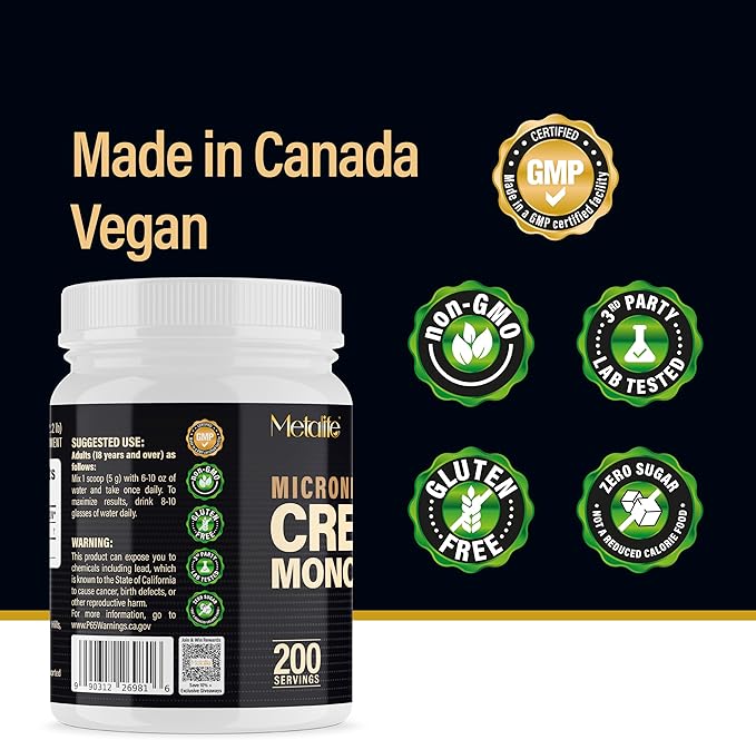 100% Pure Creatine Monohydrate Powder Canada-Made 1000 g (200 Servings) Micronized Powder Muscle Growth Unflavored Ideal for Athletes &amp Fitness Enthusiasts Third party lab tested Vegan