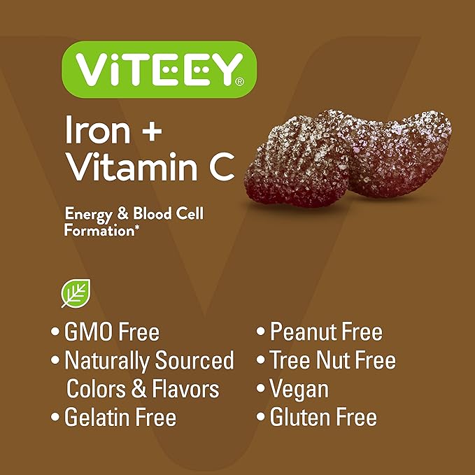 VITEEY Iron Gummies - Iron with Vitamin C - Energy Bood Support and Anemia Supplement for Women &amp Men - Vegan Gluten Free - 120 Count