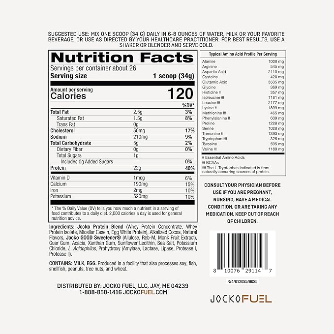 Jocko Fuel Whey Protein Powder Chocolate Milkshake 22g Protein Digestive Enzymes + Probiotic Blend No Sugar Added with Essential Amino Acids + Electrolyte Minerals 26 Servings