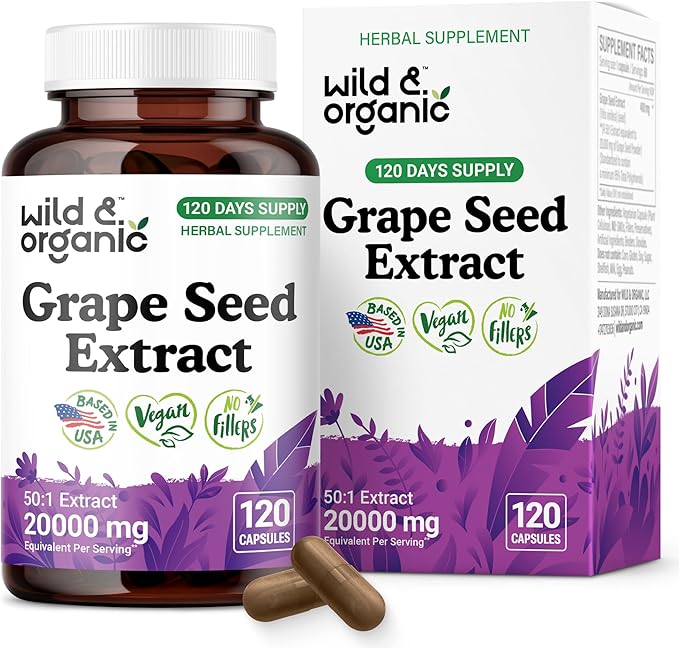 Wild &amp Organic Grape Seed Extract Capsules - 20000 mg Strength Grapeseed Extract Equivalent - 95% Polyphenols - 400 mg per Serving - 120 Vegan Capsules - 4 Month Supply - Non-GMO