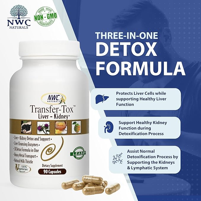 NWC Naturals Transfer-Tox Liver &amp Kidney Detox and Support Milk Thistle Detox Cleanse Liver Support Supplement for Vital Health &amp Kidney Function for Men &amp Women Vegetarian Approved