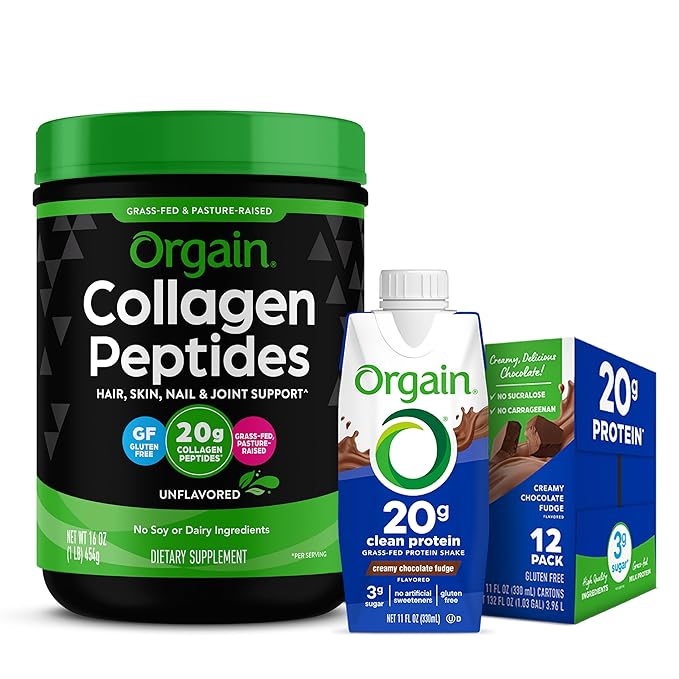 Orgain Grass Fed Hydrolyzed Collagen Peptides Protein Powder - Paleo &amp Keto Friendly Amino Acid Supplement Pasture Raised &amp Grass Fed Clean Protein Shake Creamy Chocolate Fudge - Meal Repla