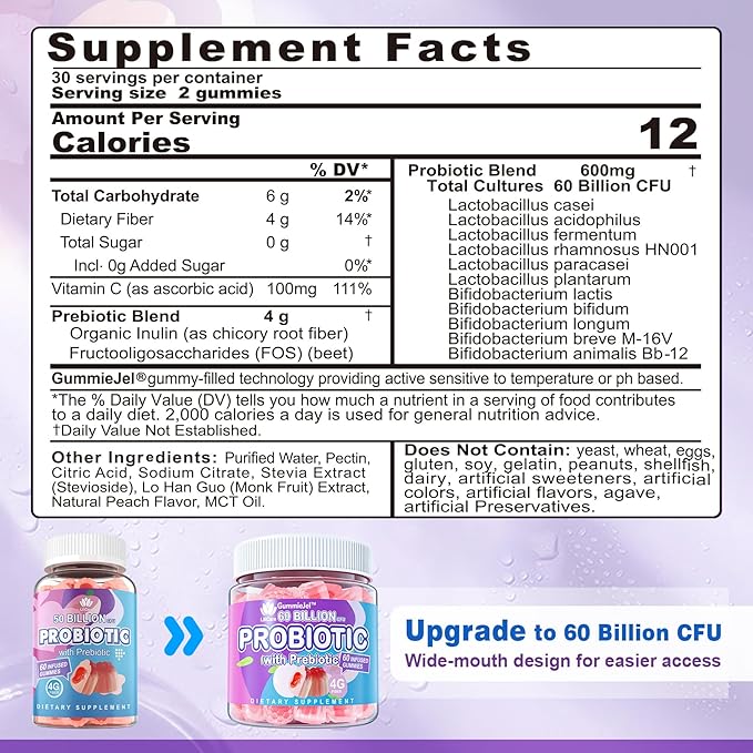 Probiotic Gummies for Women Men 60 Billion CFU Probiotics + Prebiotics Gummy Sugar Free 11 Strains for Digestive Health Supports Constipation Diarrhea Gas &amp Bloating - Peach Flavor Vegan 12