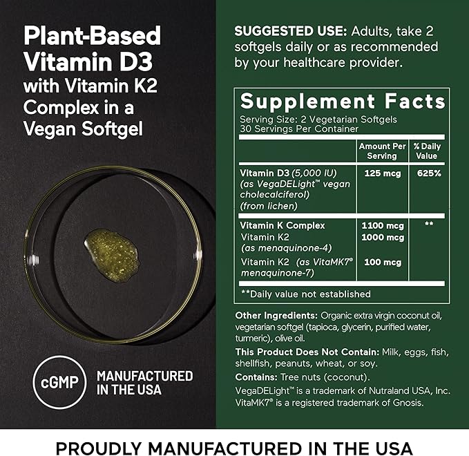 SMARTERNUTRITION Vegan Vitamin D3 5000 IU + Natural Vitamin K2 1100 mcg in Organic Coconut &amp Olive Oil - D3 K2 Supplement for Immune &amp Bone Support - 360 Softgels[180 Day Supply]
