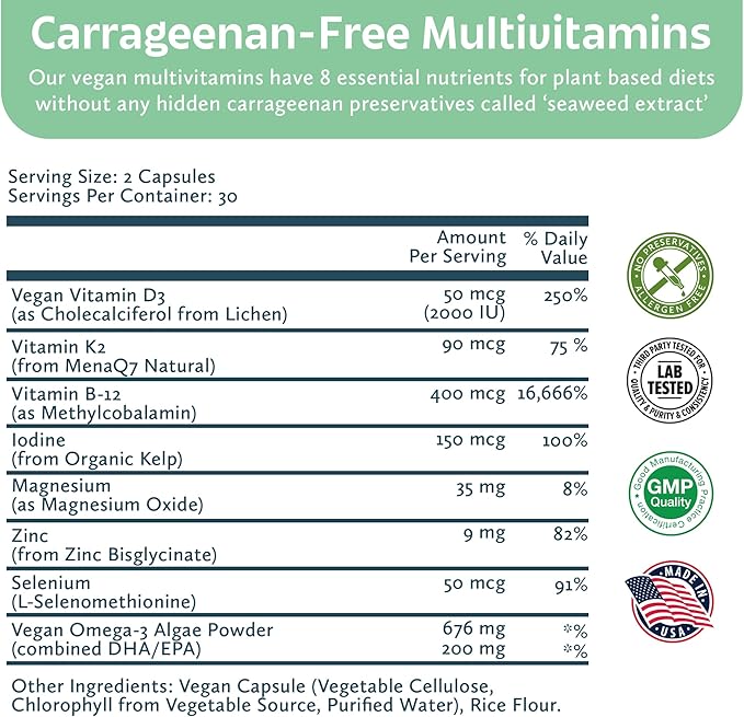 Future Kind Carrageenan-Free Foundations Multivitamin for Women &amp Men with Omega-3 B12 D3 Zinc Iodine Magnesium K2 &amp Selenium Vegan Compostable Bag (60ct)