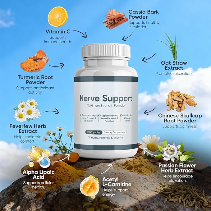 Nerve Support Supplement – Herbal Vitamin &amp Mineral Blend for Overall Nerve Comfort and Relaxation – Daily Wellness Formula – 120 Capsules