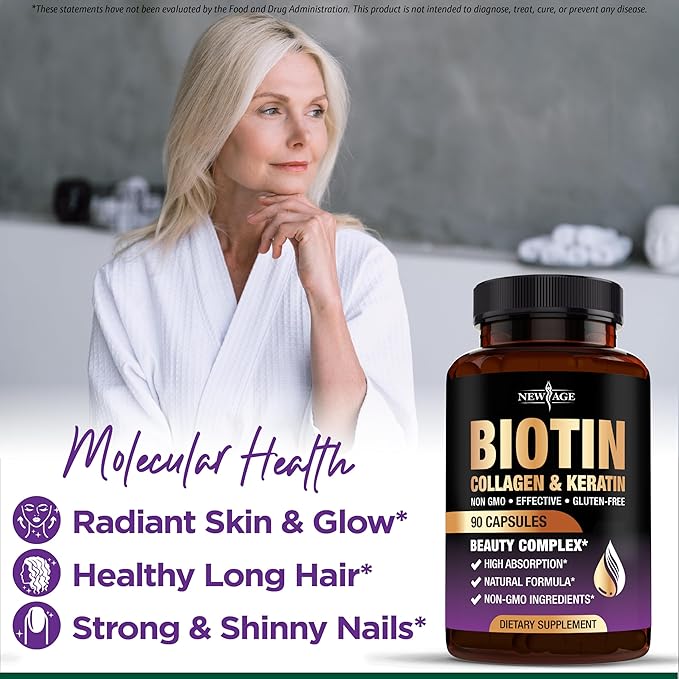 NEW AGE Biotin Collagen Keratin Hyaluronic Acid - 50000mcg Hair Growth Vitamins for Men and Women Nails Hair Skin Vitamins and DHT Blocker with Vitamin E Folic Acid Pumpkin Seed MSM - 90 Count