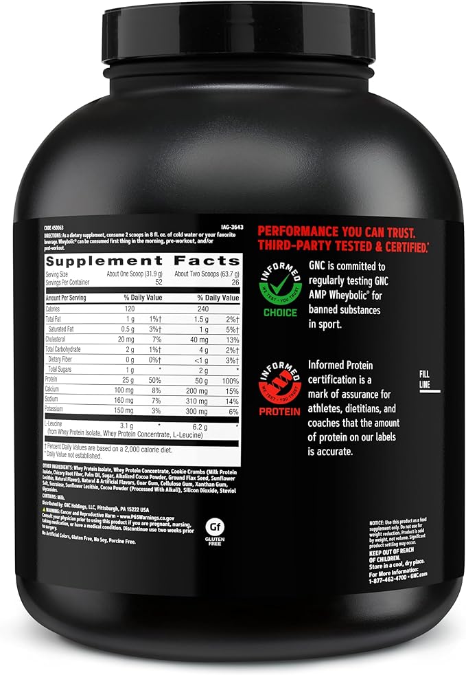 GNC AMP Wheybolic Clinically Proven Protein Powder 50g Whey Protein BCAA Leucine Increases Muscle Strength Muscle Building 3rd Party Tested Gluten Free Cookies &amp Cream 26 Servings