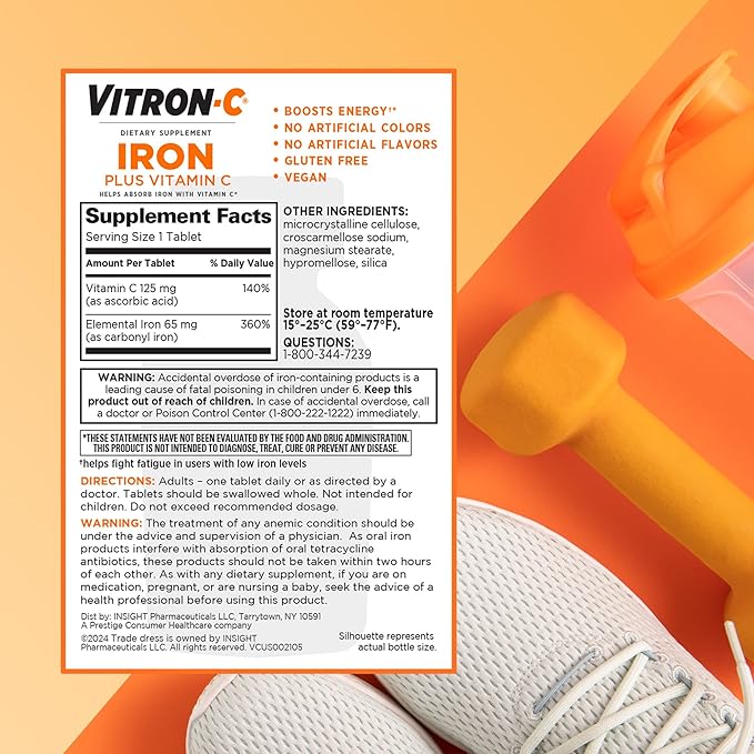 Vitron-C Iron Supplement Once Daily High Potency Iron Plus Vitamin C Support Red Blood Cell Production Dye Free Tablets 60 Count 2 Pack