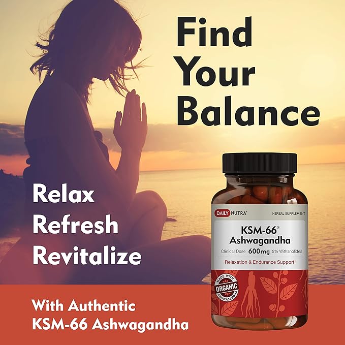 DailyNutra KSM-66 Ashwagandha 600mg Organic Root Extract - High Potency Supplement with 5% Withanolides | Relieves Tiredness Supports Relaxation Focus Energy &amp Muscle Growth (90 Capsules)