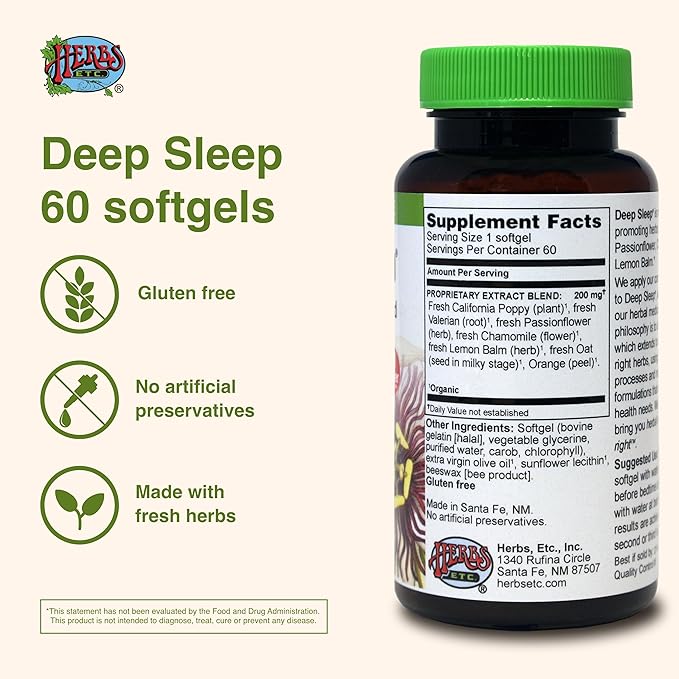 Herbs Etc. Deep Sleep Softgels - Herbal Sleep Support Supplement - Rest &amp Calming Support with Passionflower Chamomile &amp Lemon Balm - 60 Softgels (60 Servings)